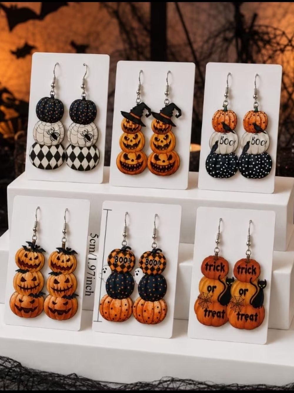 Halloween Pumpkin Stack Earrings - Orange, White & Black - Picture 2 of 3